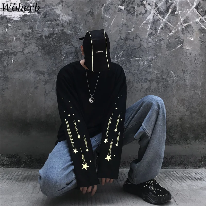 Woherb Harajuku Светоотражающая футболка Женская Мужская Уличная Повседневная обувь в