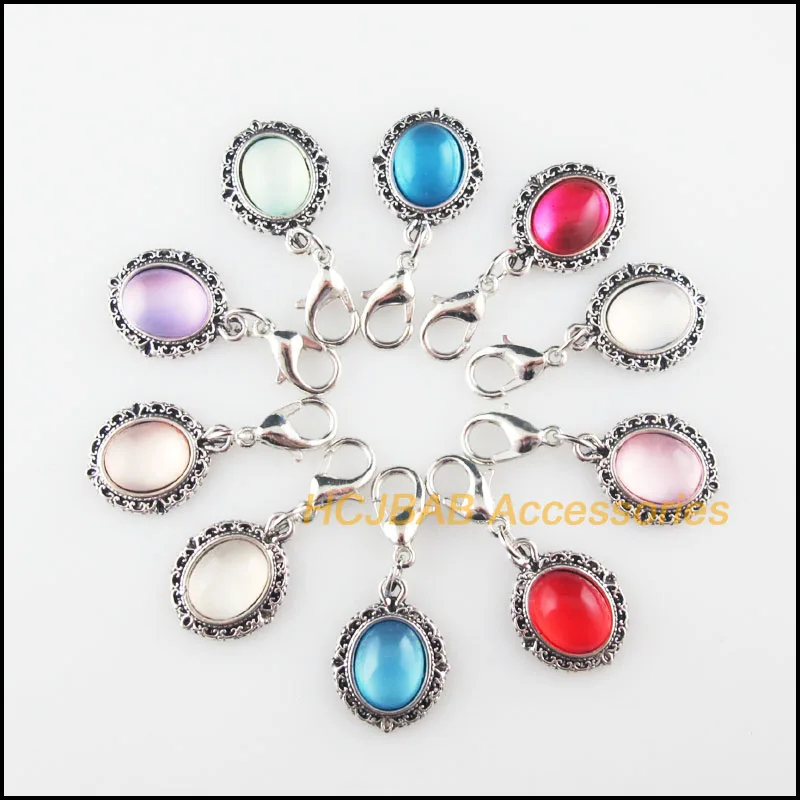 

10Pcs Tibetan Silver Tone Oval Flower Frame Mixed Resin Charms Pendants With Lobster Claw Clasps 13.5x18mm