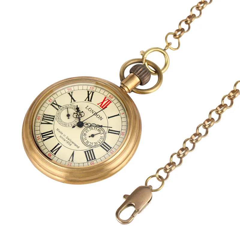 Vintage Copper Brass Roman Numerals Men's Automatic Mechanical Pocket Watch Self Winding Pendant Clock with FOB Chain reloj Gift