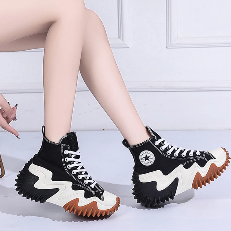 Женские ботинки со шнуровкой холщовые на платформе с высоким берцем женские