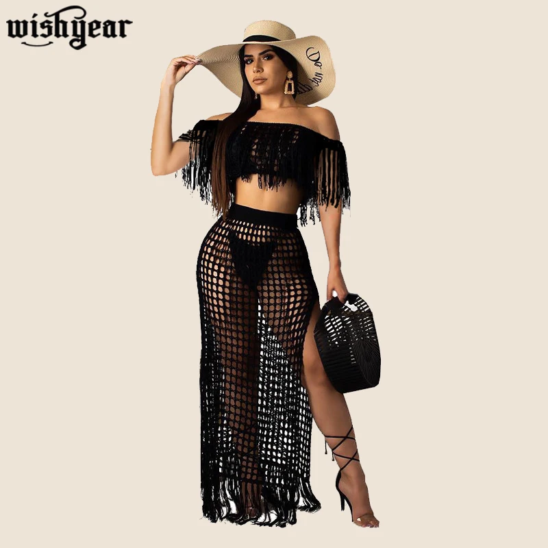 Ажурный вязаный комплект из 2 предметов с кисточками летнее пляжное платье
