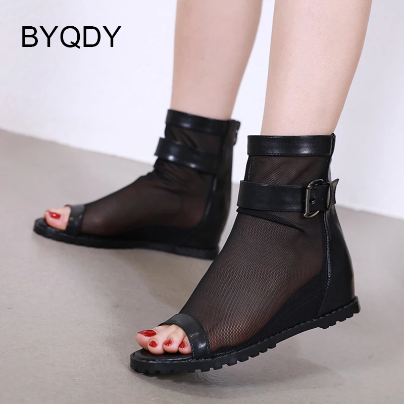 

BYQDY Women Boots Gladiator Rome Shoes Peep Toe Ankle Boots Mesh Net Breathable Wedge Hiden Heels Summer Bootie Shoes Zipper