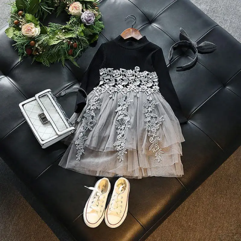 Детское трикотажное платье-свитер для девочек вечерние кружевные платья