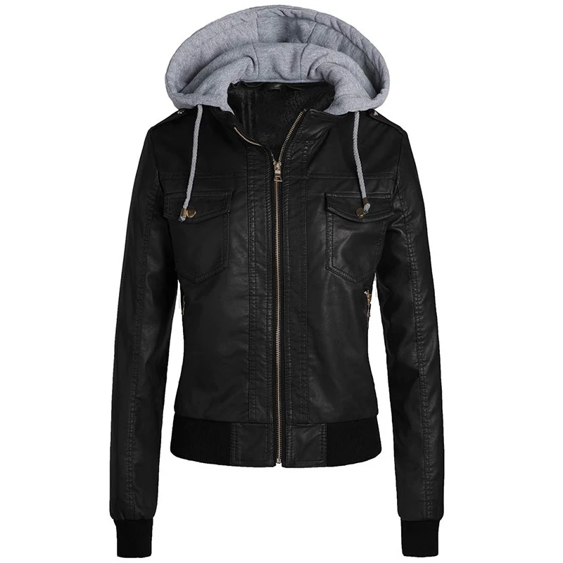 Куртка женская зимняя из искусственной кожи на молнии с капюшоном|Кожаные