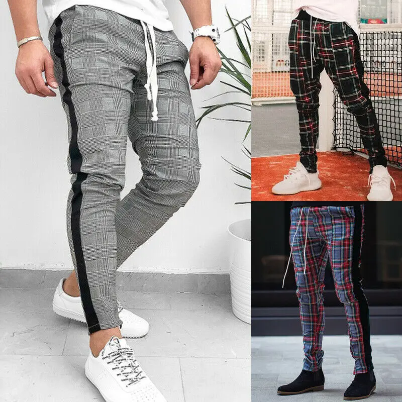 

Fashion Mens Pants Hip Hop Korean Stylish Plaid Slacks Casual SFitness Workout Skinny port Pants trousers Hot