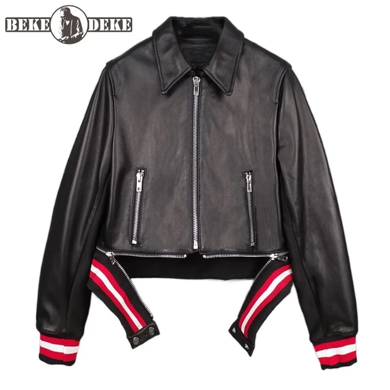 Women Genuine Leather Jacket Punk Motorcycle Biker Sheepskin Short Coat Design Turn-Down Collar Zipper Slim FIt Casual Outerwear