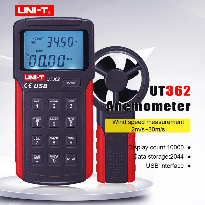 

UNI-T UT362 Anemometer Data hold Wind Speed Meter LCD Backlight Air Flow Meter Temp measure with Data storage/USB interface