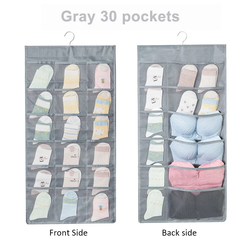 30 pocket Grey Двусторонняя складной ящик для хранения подвесная сумка-Органайзер для шкафа, гардероба Носки Бюстгальтер Нижнее белье вешалка из прозрачного сетчатого материала кошелек хранилище сумка - Цвет: 30 pocket Grey