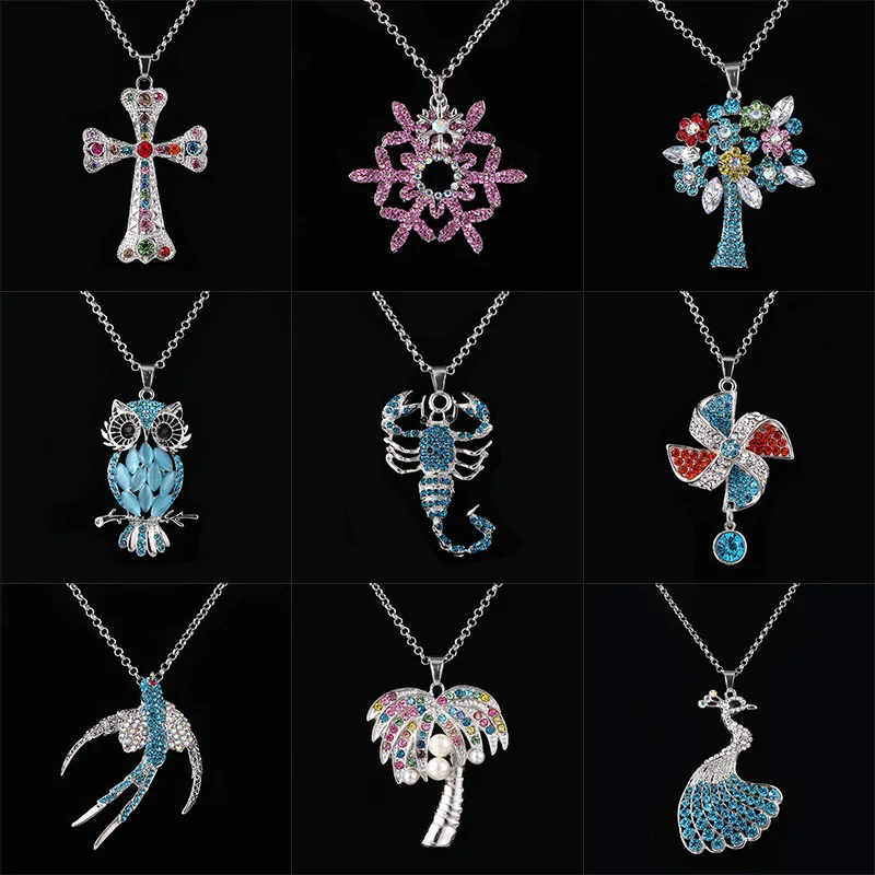10 styles Rhinestone Owl Tree of Life Crystal Pendant Necklace Women Temperament Sweater Chain Jewelry Clothing Accessories | Украшения и