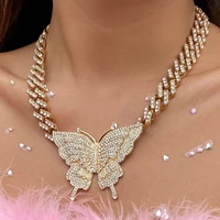 cosysail shiny iced out miami cuban link chain necklace hip hop women big rhinestone crystal butterfly pendant necklace jewelry