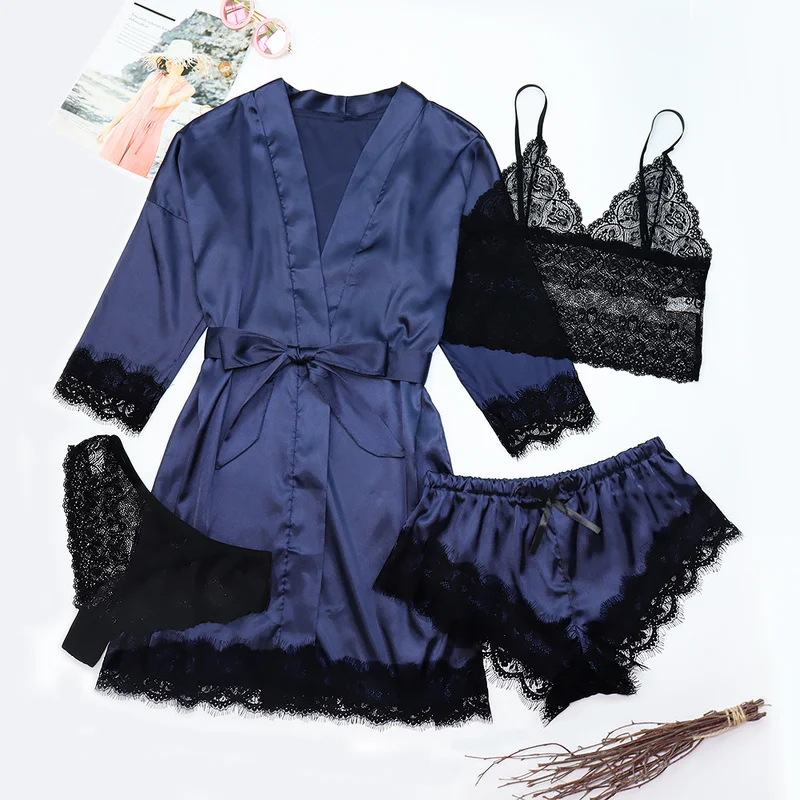 

4 Piece Sexy Robes Lingerie Women Pajamas Lace Stain Nightwear Set Clothes Pijama Ladies Short Sleepwear Pajama Underwear Suit