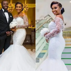 Mermaid Wedding Dresses Off Shoulder Illusion Lace Beads Long Sleeves Open Back Court Train African Black Girl Bridal Gowns Vest Mermaid Wedding Dresses Off Shoulder Illusion Lace Beads Long Sleeves Open Back Court Train African Black Girl Bridal Gowns Vest