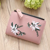 womens wallet pu leather flower embroidery short zipper coin purses female solid color hasp credit card holder clutch money bag