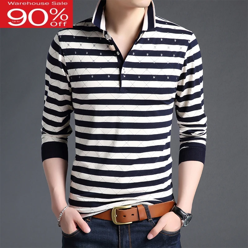 Мужская приталенная рубашка поло тонкая хлопковая с длинными рукавами в полоску