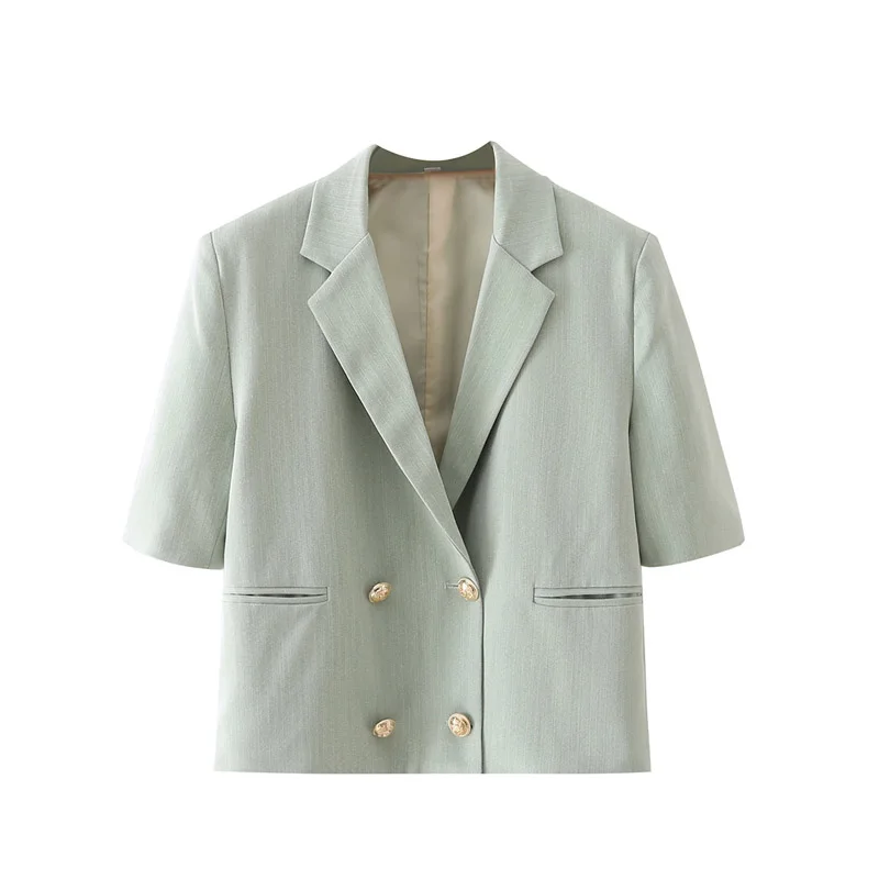 

Spring and autumn women's casual striped double-breasted short-sleeved pocket short jacket