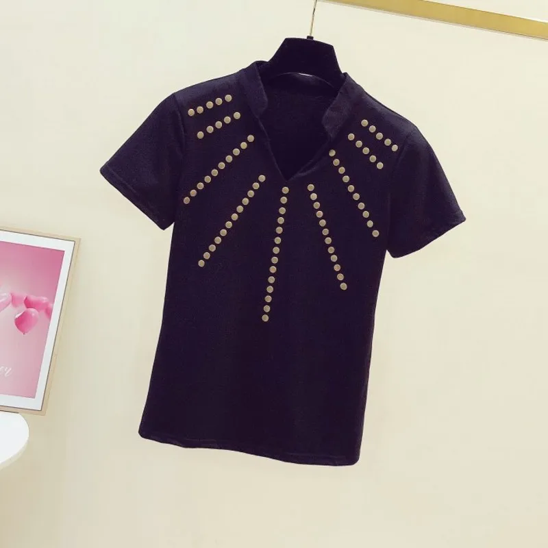

Rivet Tshirt for Women Summer Tops Fashion Circle Riveting V-neck Short Sleeve T-shirt Girls Ladies Slimming Tops T Shirts Tee
