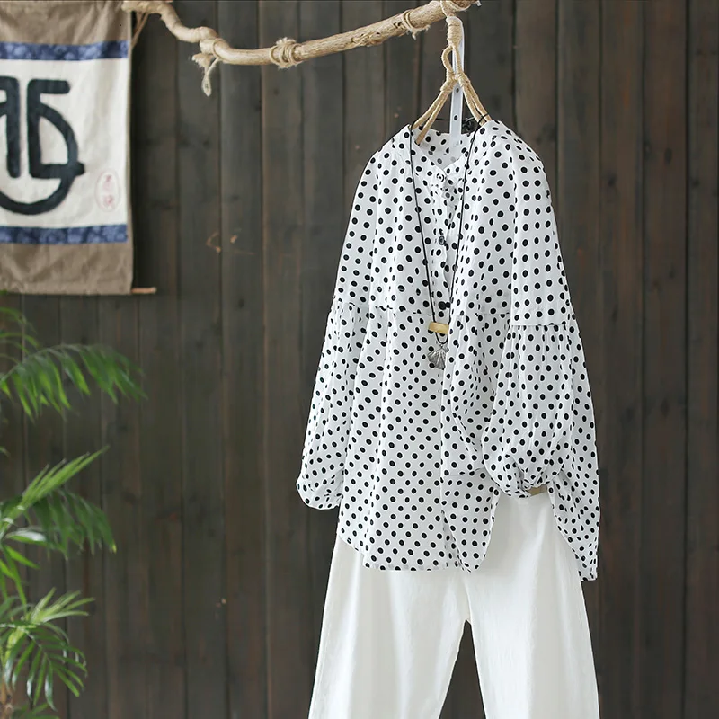 

Fall new style jacket loose stand-up collar retro pure cotton polka dot shirt women loose art