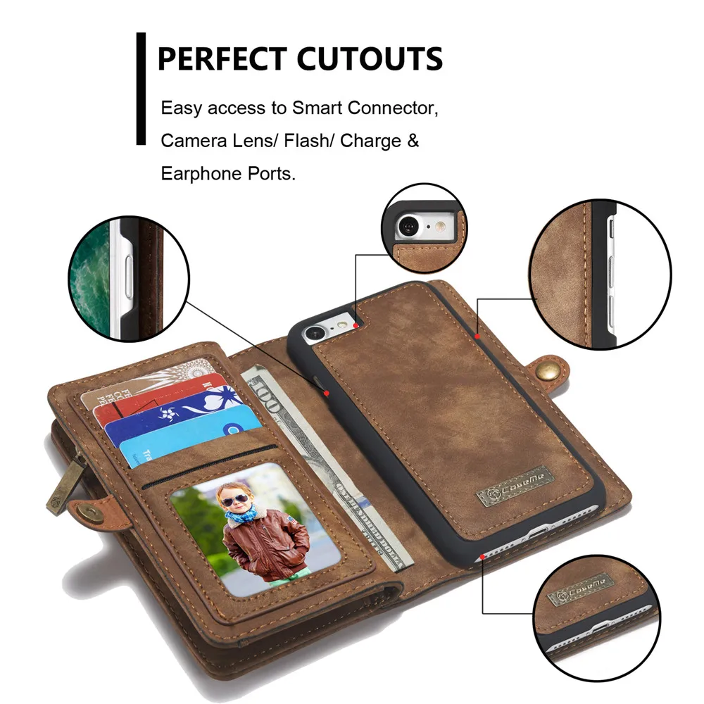 CaseMe Магнитный чехол кошелек из натуральной кожи на молнии для iPhone 12 Mini 11 Pro XS Max XR X