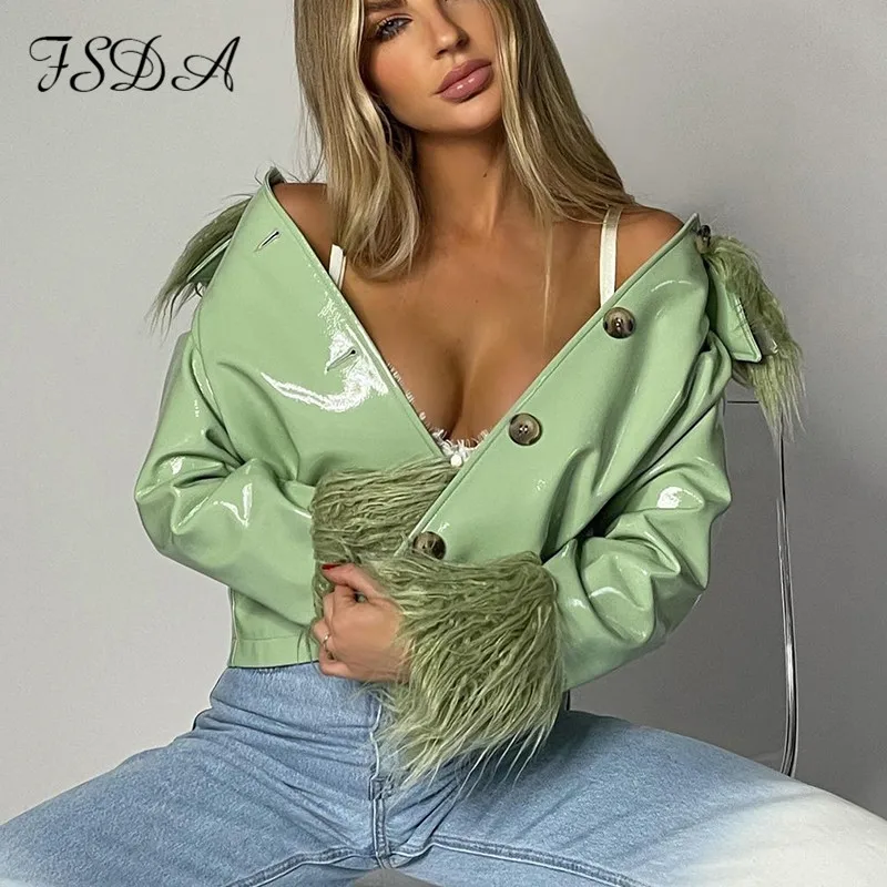 Куртка женская из ПУ кожи с отложным воротником и длинным рукавом | Женская