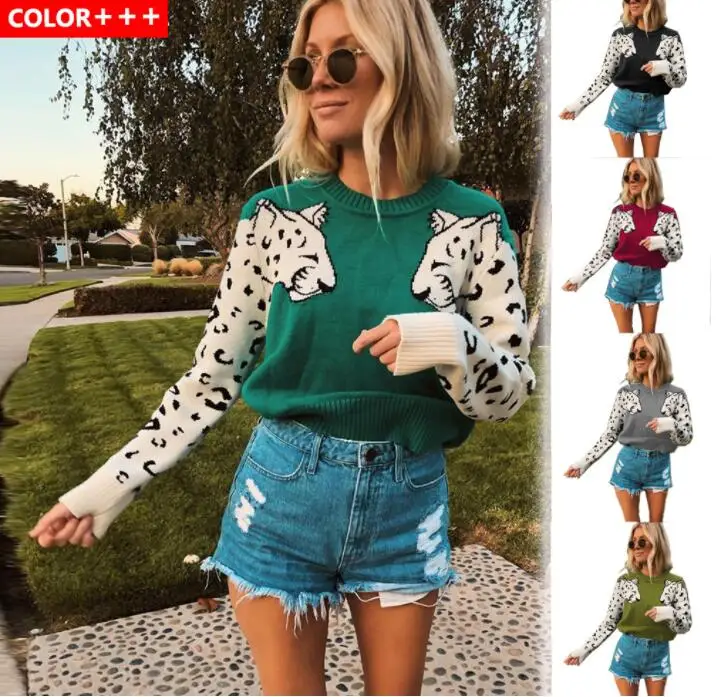 

Autumn Knitted Cropped Sweater for Women Leopard Pattern Long Sleeve Knitting Sweaters Pullovers Female 2022 Winter Loose Jumper