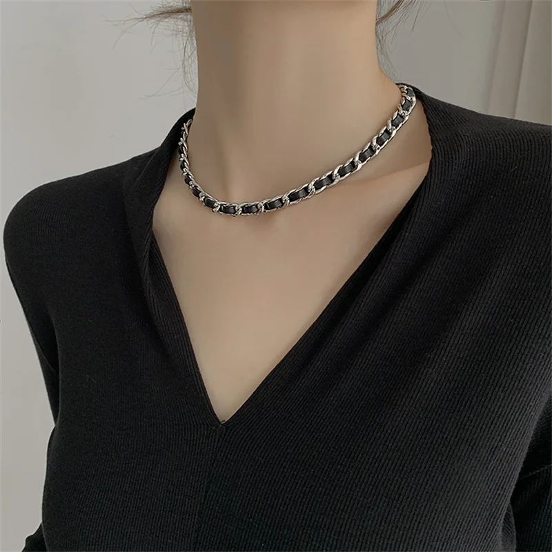 

South Korea east gate fashion temperament simple leather woven fine chain necklace web celebrity hip-hop personality collarbone