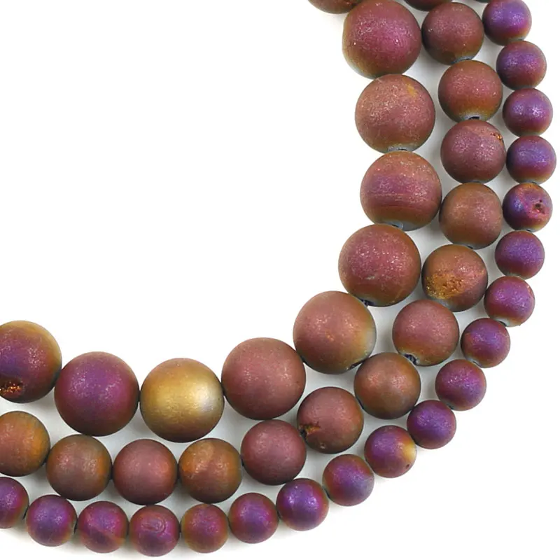 

Natural Round Rose red Metallic Coated Geode Druzy Agates Stone loose Beads 6 8 10 mm For Jewelry Making DIY Necklace Bracelets