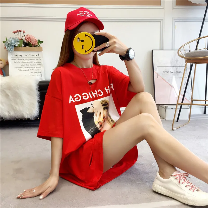 4804 летний узор корейская мода Хлопок Уличная одежда Harajuku большой размер длинная свободная дыра хип хоп половина рукав футболка Женская волна