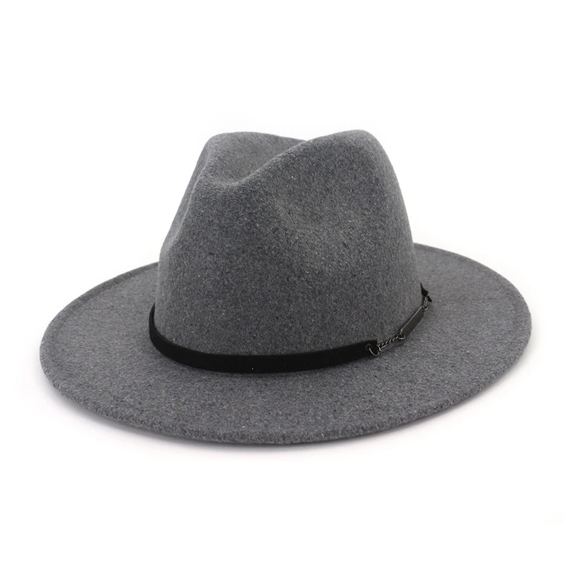 

Autumn Winter Flat Brim Wool Jazz Cap European US Panama Fedora Hats with Leather Decorated Felt Hat Trilby for Men Women
