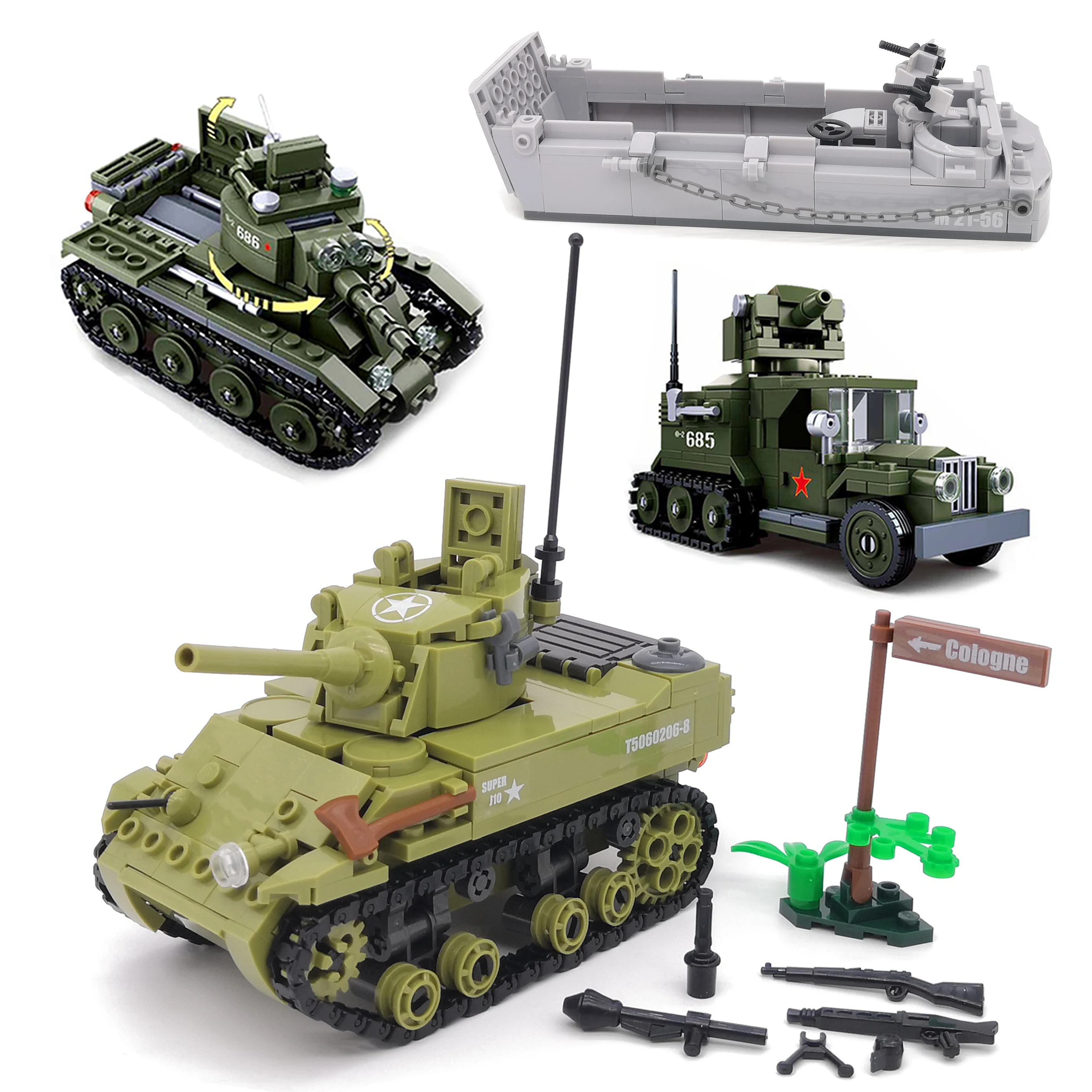 M5 de la Segunda Guerra Mundial para niños, nave de aterrizaje de tanque, BT-7, vehículos militares del Ejército de EE. UU., modelo de soldado, bloques de construcción, juguetes de regalo