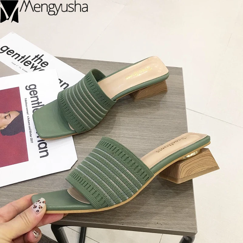 Вязаные тапочки ярких цветов из эластичной ткани обувь на высоком каблуке с