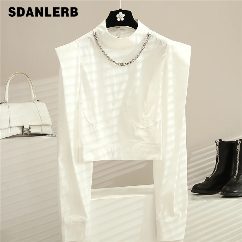 

Белая рубашка с цепочкой, Женская внутренняя одежда, блузка с длинным рукавом, универсальная Свободная верхняя одежда, короткая шифоновая р...