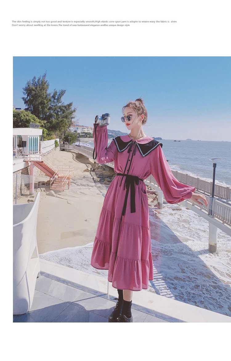 

Women Long Sleeve Sailor Collar Big Swing Slim Bandage Dress Spring Autumn Female Elegant Fashion Splice Long Pink Dresses 2021