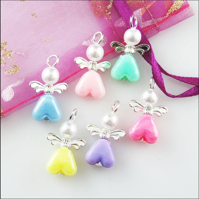 24 новые амулеты ангелы Тибетский Серебряный тон крылья Смешанные акриловые