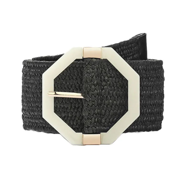 

2021 Vintage Boho Braided Waist Belt PP Straw Weave Belt Octagon Buckle Wide Belt Jeans Dress Decorative Waistbands Female Belt