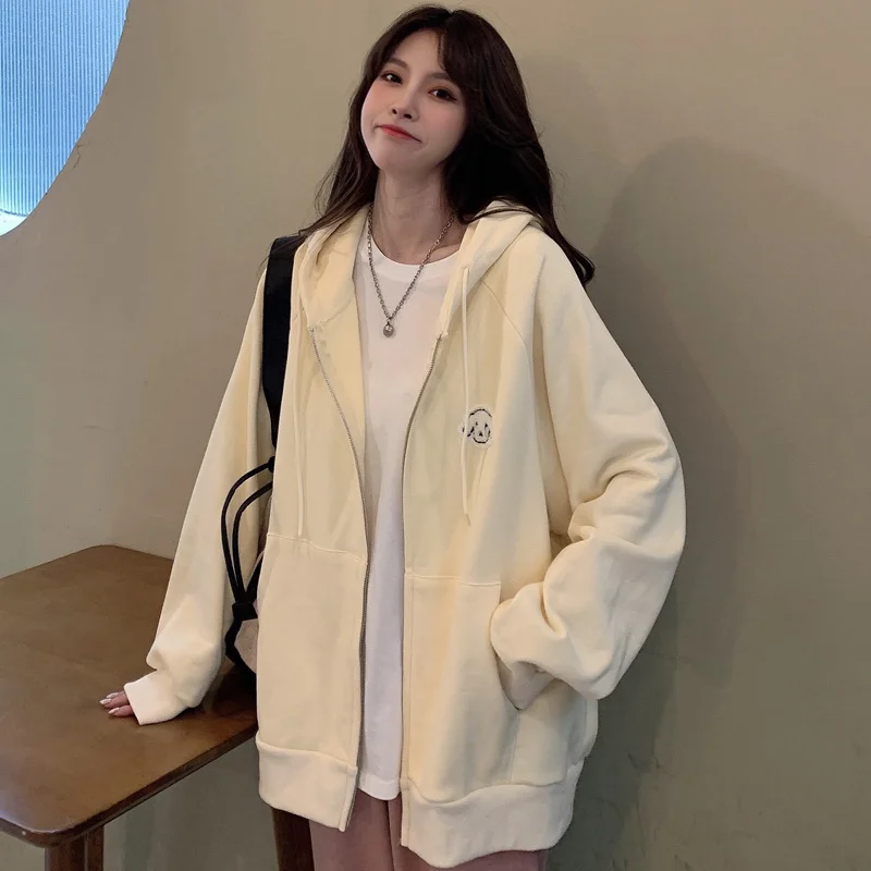 

Hiphop Sweater for Women Autumn and Winter Loose Idle Style Bf Fleece-lined Thickened Style Chic Zipper Cardigan