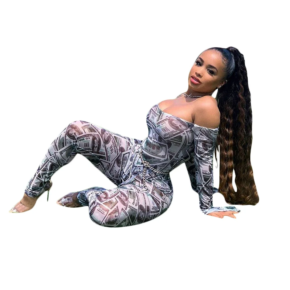 

Women Off Shoulder Jumpsuits Dollar Print Sheer Mesh Skinny Romper Ladies Sexy Backless Night Club Overall Outfit Street Wear