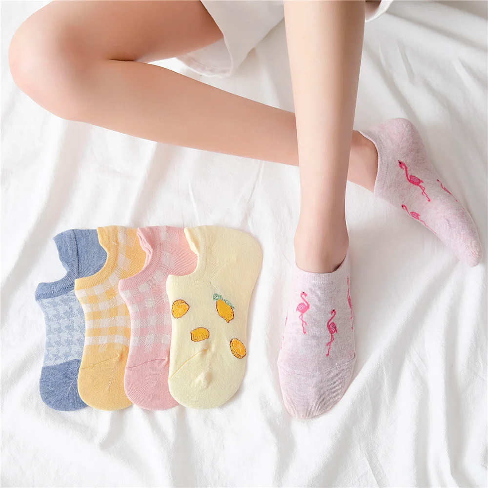 

5 Pairs/Lot Cute Cotton Boat Socks Women Youth Beautiful Sweet Girls Candy Colors Flamingo Rhombus Sox Korea College Style