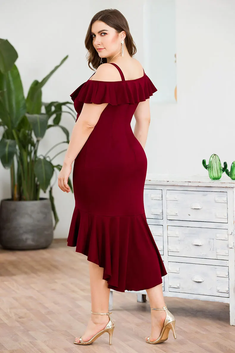 Plus Size Party Slip Dress Spaghetti Strap V-neck Short Sleeve Ruffled Mermaid Maxi Vestido Burgundy Bodycon | Женская одежда