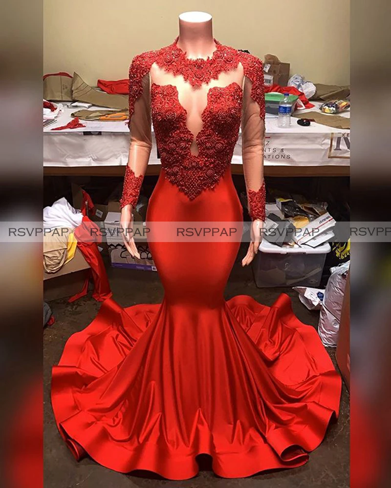 

Long Prom Dresses 2020 Sheer Long Sleeve Beaded Embroidery Lace African Black Girls Red Mermaid Prom Dress