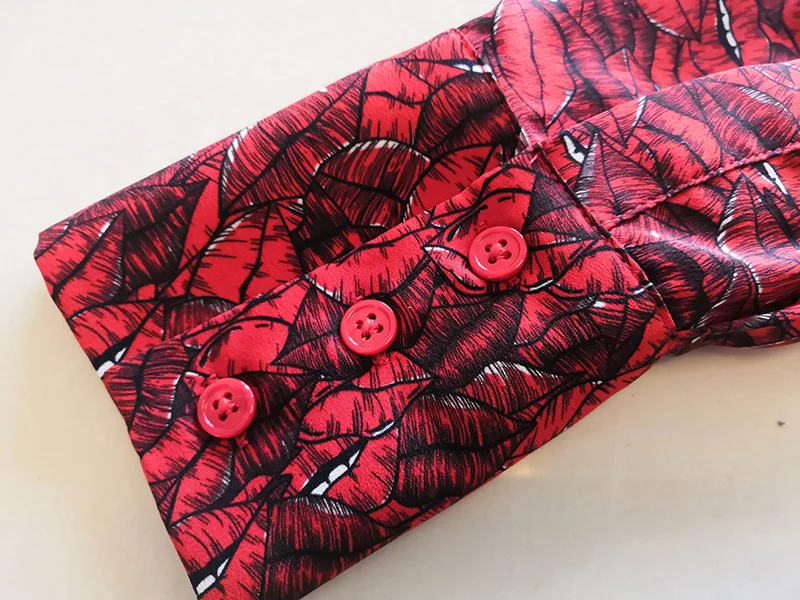 Woman Two Piece Outfit Set 2021 Spring Summer Red Printed Stand Collar Bow Long Sleeved Shirt + High Waist Pleated Skirt Suits