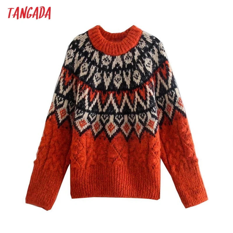 

Tangada Women 2021 Fashion Elegant Geometry Knitted Sweater Jumper O Neck Female Oversize Pullovers Chic Tops 3H885
