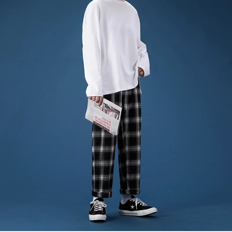 Винтажные мужские брюки в клетку свободные прямые стиле Харадзюку для