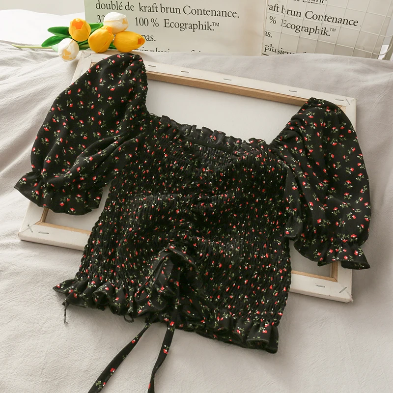

and draw string tight show thin coat female 2020 fold cultivate morality joker black fungus side small shirt in summer