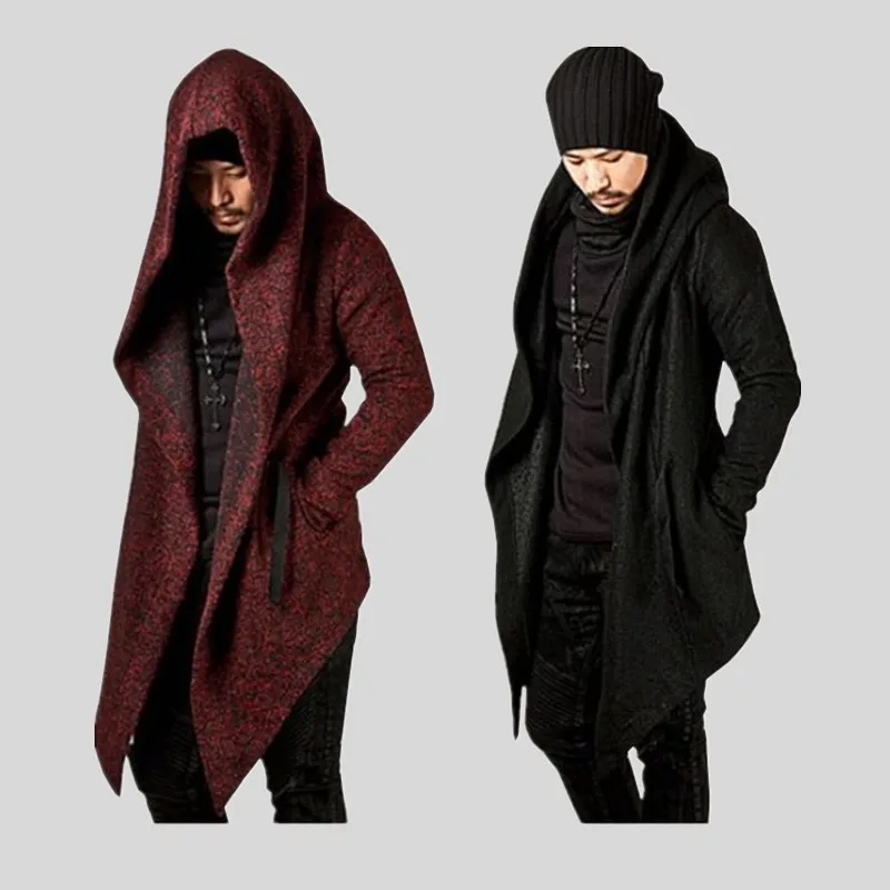 

New Arriver Vintage Hooded Trench For Men Casual Irregular Hem Cardigan Cotton Male Black And Wine Red Winter Coat Overcoats