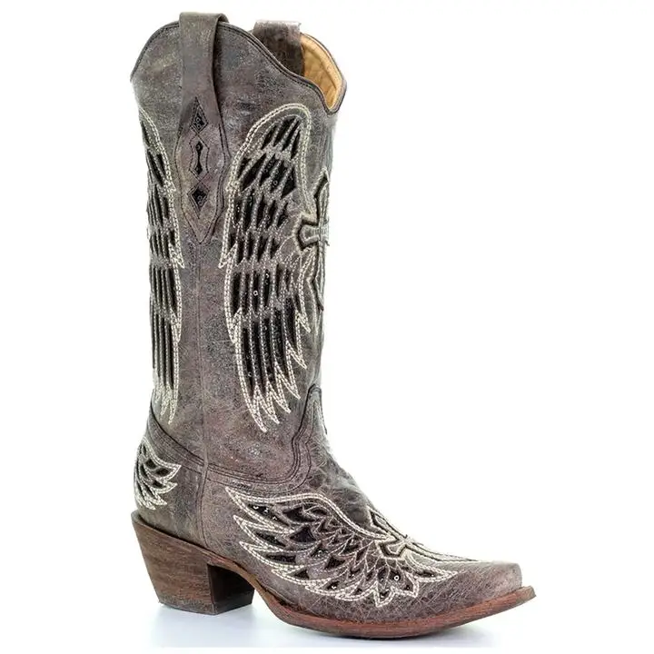 

New Women Shoes Fashion Trend Street Handmade Solid Color PU Sequin Stitching Wings Cross Square Toe Western Cowboy Boots ZQ0528