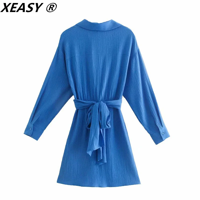 Женское винтажное мини-платье XEASY повседневное синее платье-рубашка с длинным