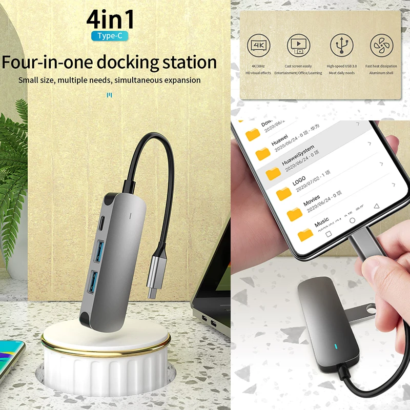 

4 In 1 Docking Station Hub with USB Type C Multi-function Hub USB Hub Hub Converter To HDMI-compatible 4K Adapter for Notebook