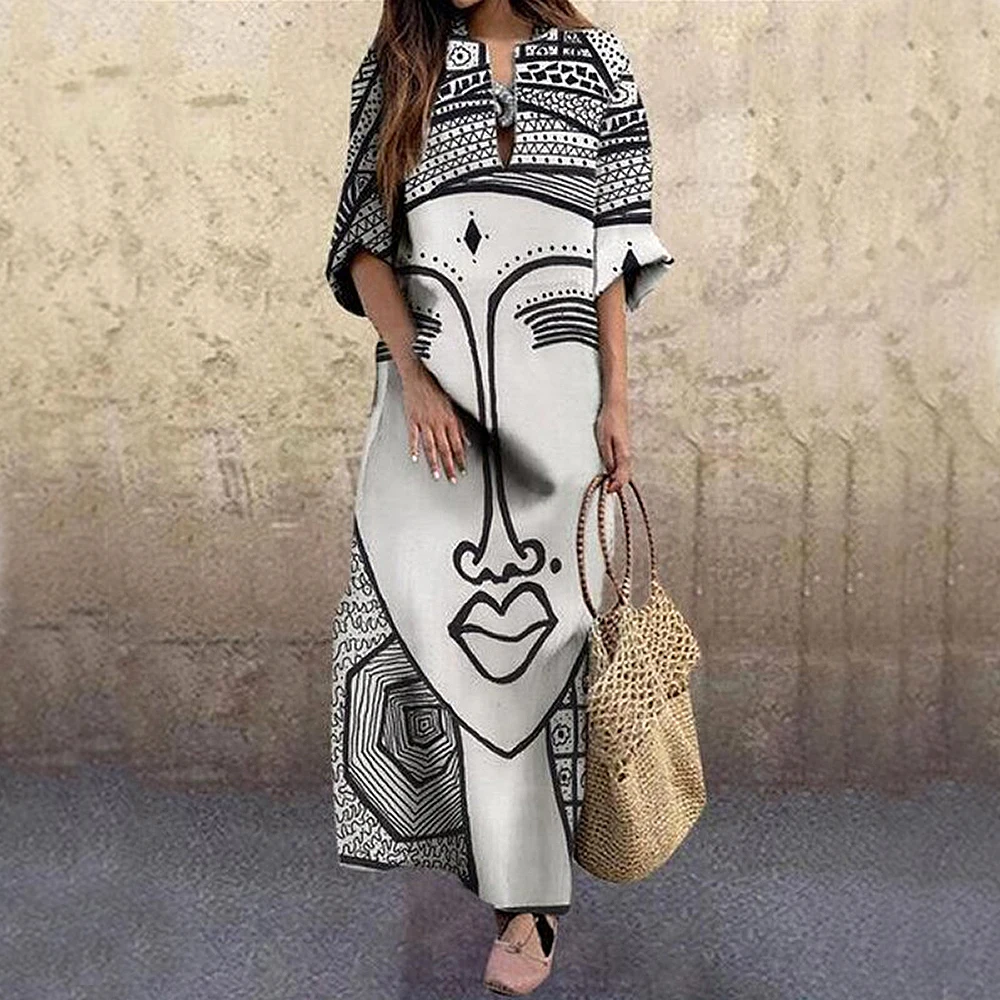 

2020 Fashion Vintage Portrait Print Dress Abstract Face High Waist Women Dresses Beach Party Autumn Elegant Loose Female Dress