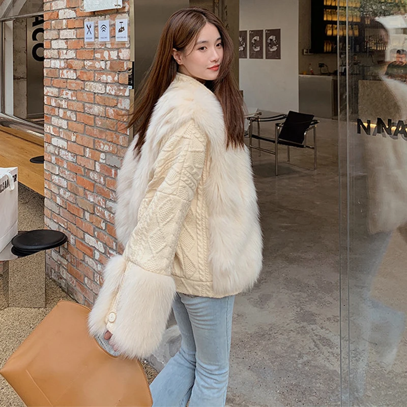 Women Real Fox Fur Knitting OverSize Loose Spring Fox Fur Lady's Fashion Sweater Zipper Stand Collar Jacket Coat