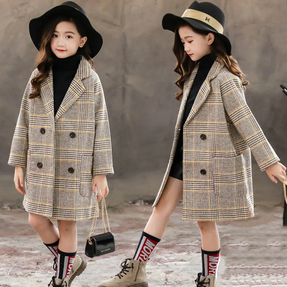 Пальто для девочек клетчатые пальто с узором детская осенне-зимняя куртка